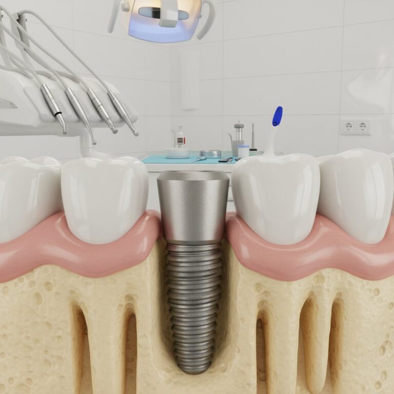 Close-up of dental implant integrated with bone and healthy gums. Soft lighting, blurred dental office background.