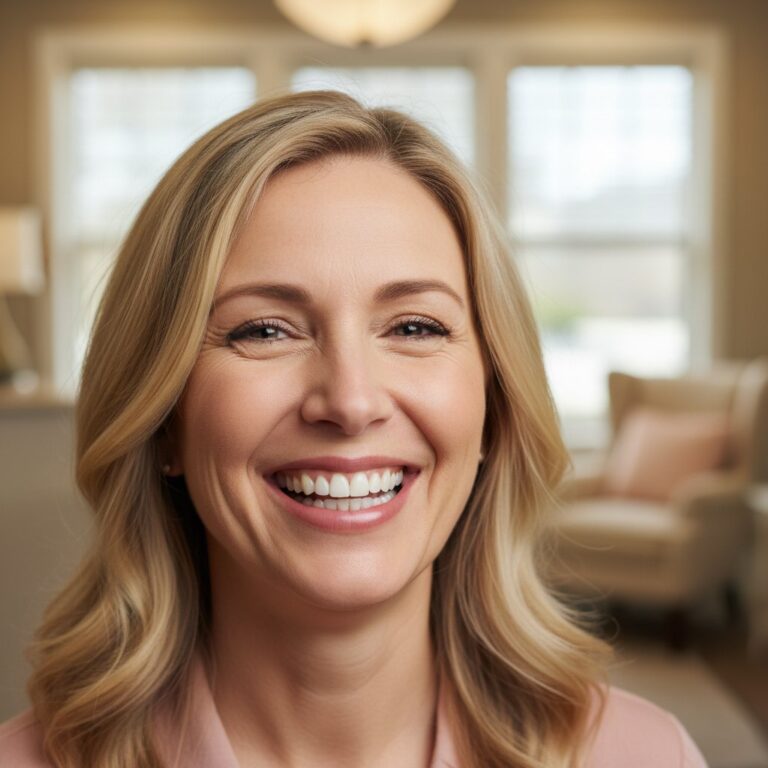 Smiling mature woman (40s-50s) with restored teeth laughs confidently in a warm, softly lit dental office.