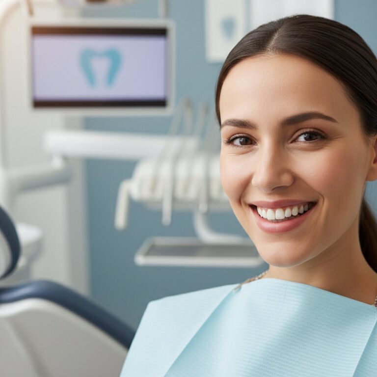 Smiling patient in a dental office. Warm, happy expression, trustworthy eyes. Clean, modern, calming environment.