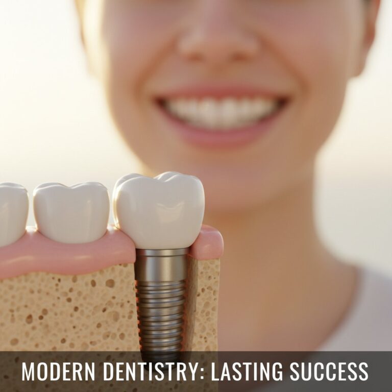 Close-up of dental implant seamlessly integrated with healthy gums and bone. Blurred smile background suggests oral health.