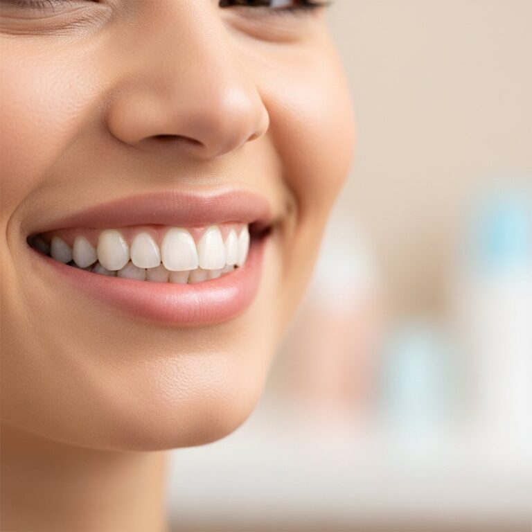 Radiant smile close-up. Healthy, natural teeth are in focus. Soft background is a modern dental office with warm, inviting light.
