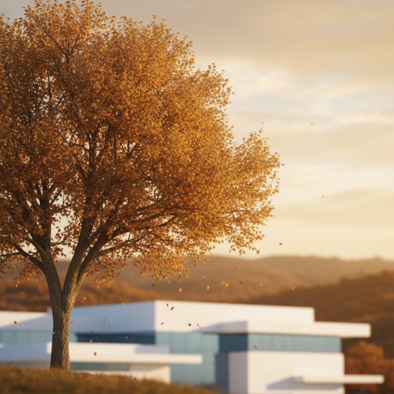 Golden pecan tree with falling leaves in Texas autumn. Blurred dental office below, distant hills in warm sunlight.