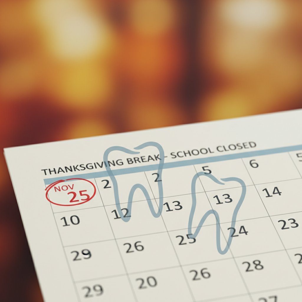 Close-up of a calendar page with a date circled during school break. Faint wisdom tooth shapes overlay the warm-toned, softly lit page.