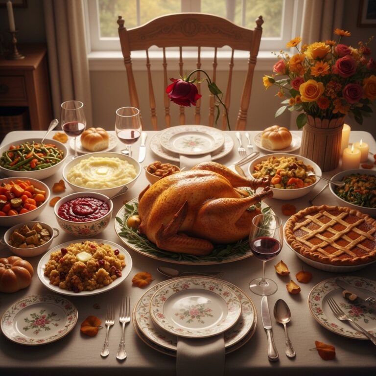 Thanksgiving table laden with food. Empty chair and wilted flower hint at absence amid abundance.