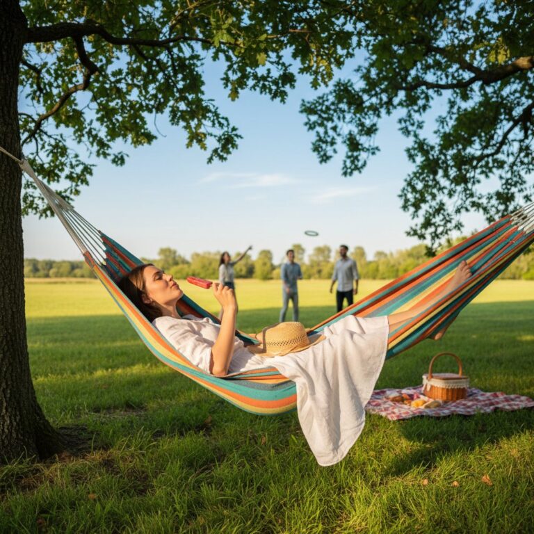 Young adult relaxing in a hammock with a popsicle. Dappled sunlight, green trees, and a summer scene in the soft-focus background.