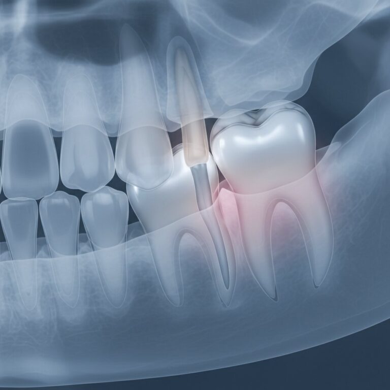 Stylized dental x-ray of lower jaw shows impacted wisdom teeth pressing against molar roots. Muted blues, greys, pink hints. Sharp focus.