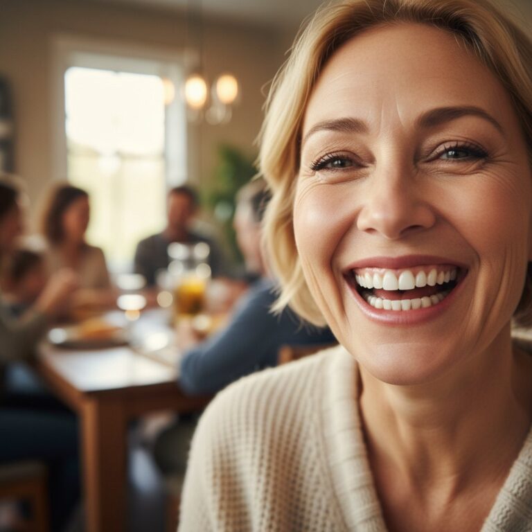 Smiling mature woman with restored teeth, laughing genuinely. Soft, warm light, blurred family background. Joyful, confident.