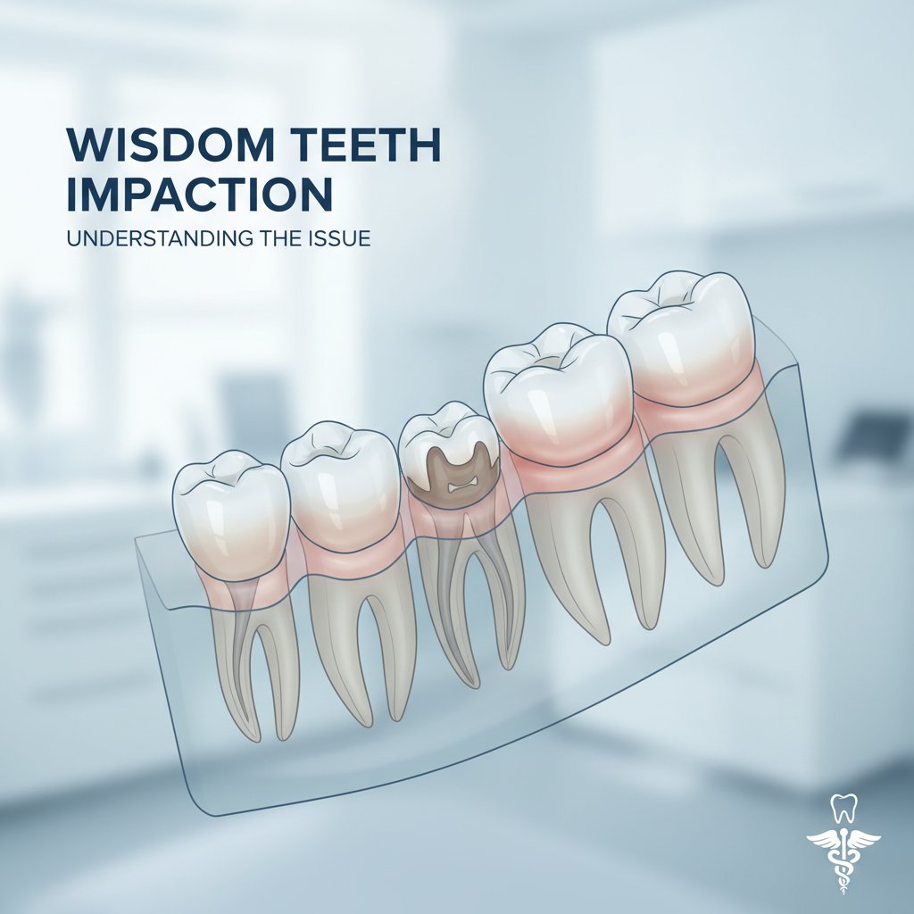 Medical illustration of partially erupted lower wisdom teeth with inflamed gums, set against a blurred dental office background.