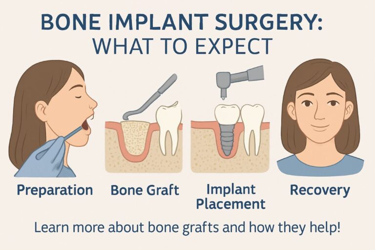 A dentist is performing a bone implant surgery on a patient, with close-up detail on the tools and bone grafting material being used. No text on image.