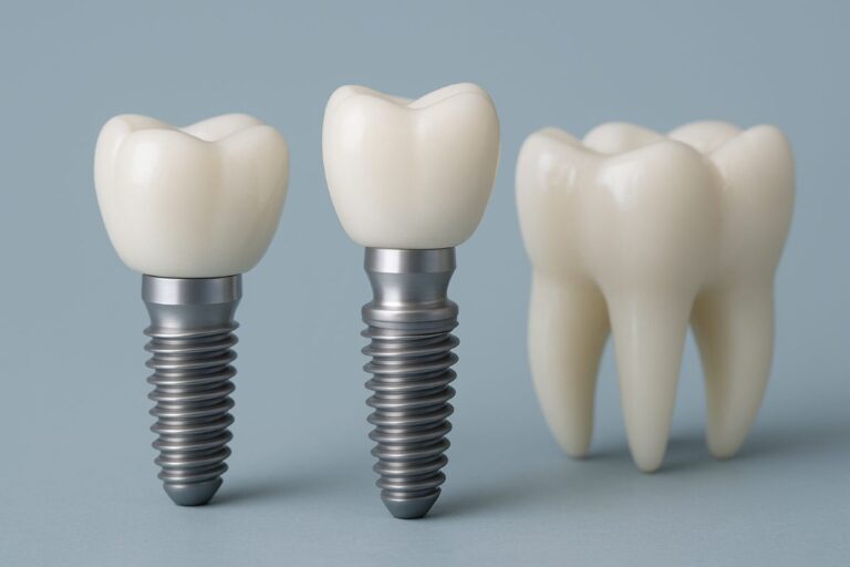 Image of a dentist consulting with a patient about full dental implants, using a digital display to show the implant process and final results. The dentist is pointing to the screen, highlighting the benefits of the procedure. No text on the image.