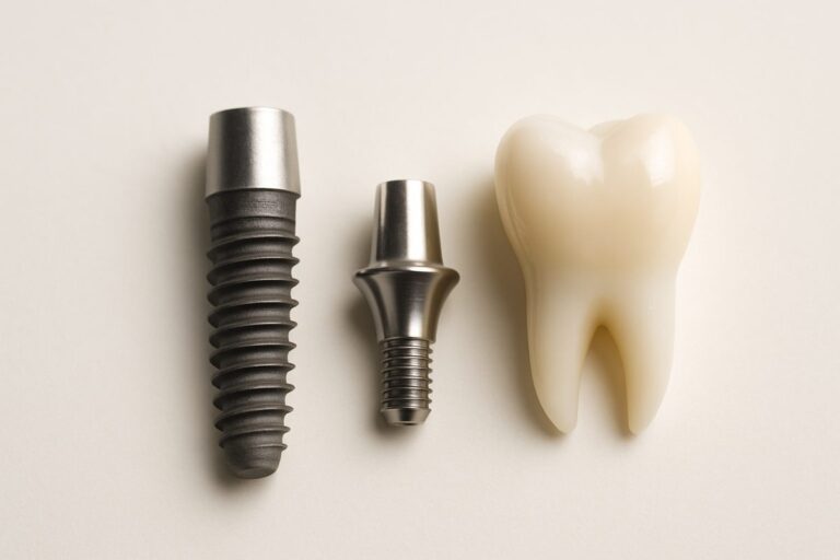 Photo showcasing the three main components of a dental implant: the implant post resembling a screw, the abutment connecting the post to the crown, and the crown that looks like a natural tooth. No text on the image.