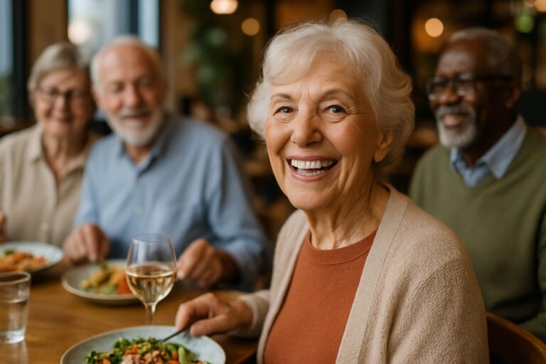 Smiling senior woman with dental implants, enjoying a meal at a restaurant with friends. No text on image.