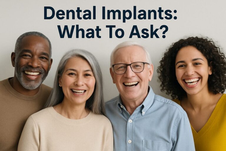 Image of a diverse group of patients happily showing off their dental implants. The image has text: "Dental Implants: What To Ask?"