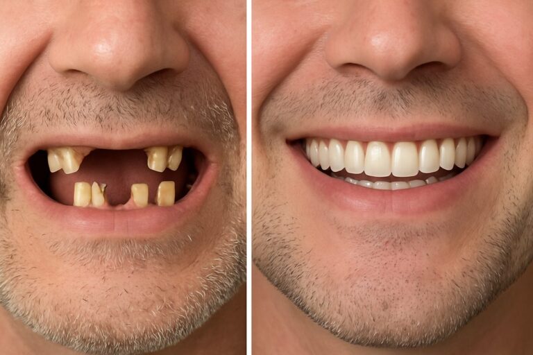 An image showcasing a before and after of a patient who has had implant dentures placed. The before image showing broken and missing teeth, and the after image showing a full and healthy smile with the denture implants. No text on image.