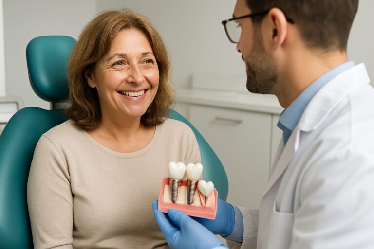 Photo of a smiling middle aged woman sitting in a dental chair talking to a dentist about "Dental Implants." No text on image.