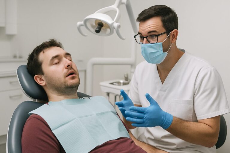 A person laying down in a dentist chair post surgery. The dentist is explaining after care instructions to them. No text on the image.