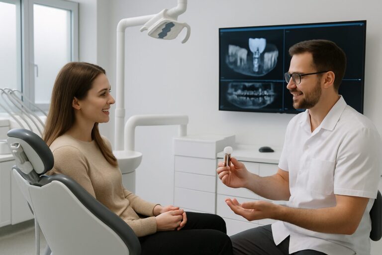 Image of a modern, clean dental office with state-of-the-art equipment, with a dentist and patient discussing dental implant options, with digital scans visible on a screen in the background. No text on image.