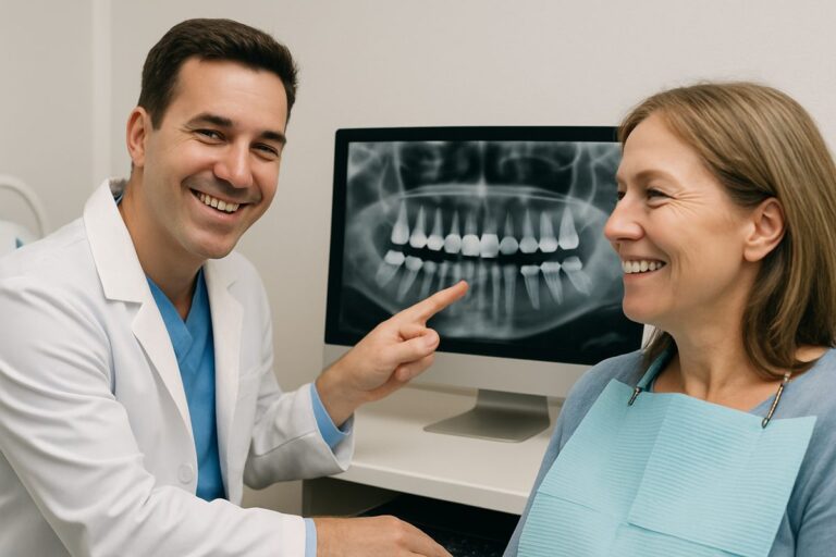 Image of a dentist smiling with their patient while pointing to a set of full mouth dental implants on a computer screen. No text on the image.