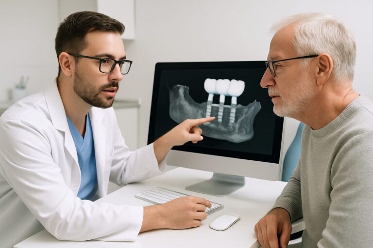 A dentist is consulting with a mature patient, pointing to a 3D scan of the patient's jawbone, illustrating the evaluation process for dental implants.