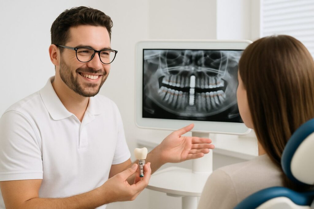 Image of a dentist smiling and consulting with a patient about a dental implant, showing the implant placement on a digital screen. No text on the image.