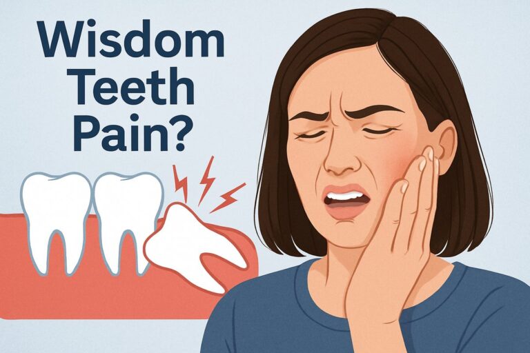 A person holding their jaw in pain, with a graphic of an impacted wisdom tooth in the background, radiating pain. Text on the image reads "Wisdom Teeth Pain?"