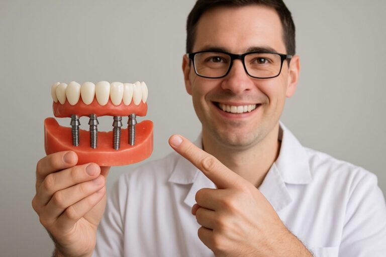 A dentist is pointing to a model of "all on 4 dental implants". No text on image.