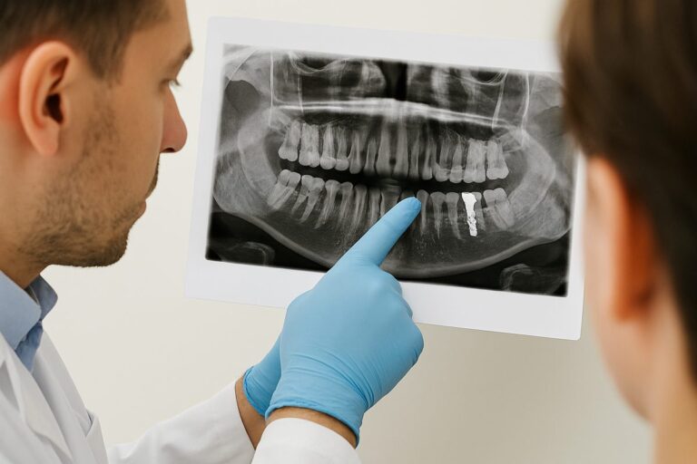 A close-up image showing a dentist pointing to an implant site on a patient's dental x-ray.