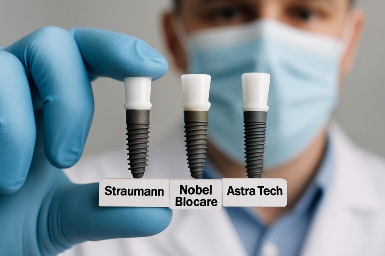 A close up image of a dentist holding three different dental implants. The implants are labeled with the following text: "Straumann", "Nobel Biocare", and "Astra Tech".