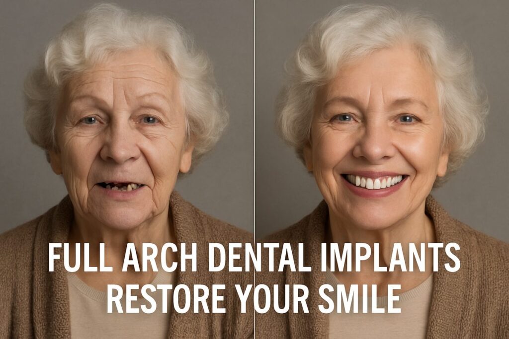 Photo of a smiling senior woman with full, white, natural-looking teeth, contrasting with an older photo of her with missing teeth; text overlay reads "Full Arch Dental Implants: Restore Your Smile".