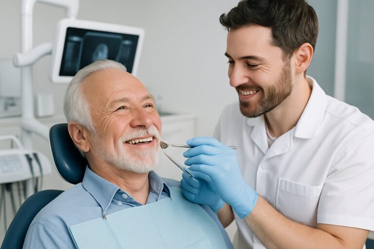 A smiling, older gentleman is sitting in a dental chair as a skilled, friendly dental implants provider examines his mouth. The office is modern and clean, showcasing advanced dental technology in the background. No text on image.