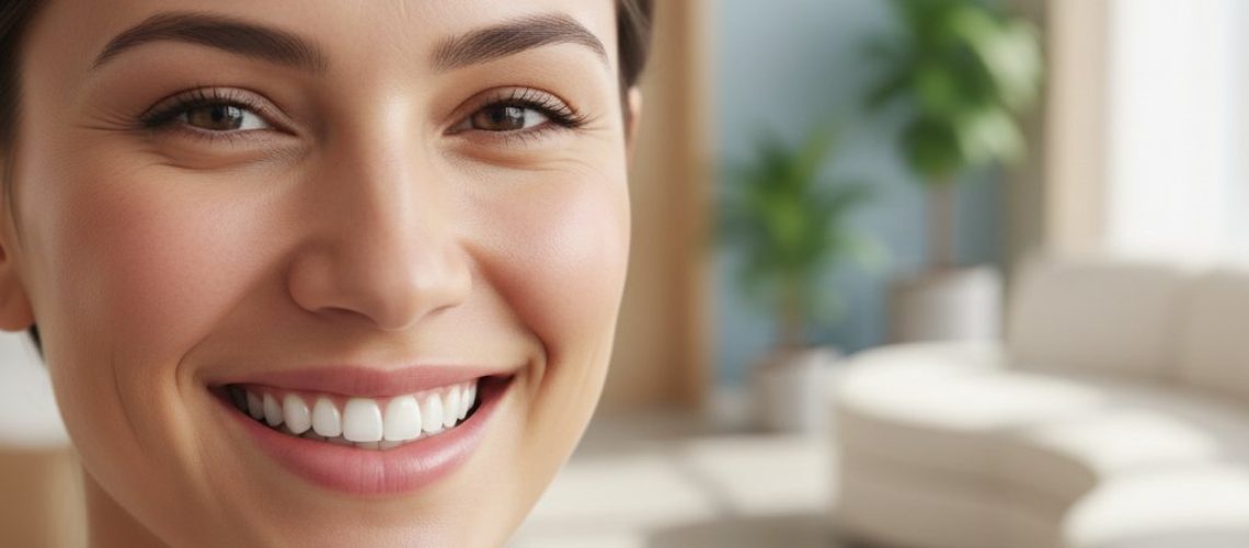 Confident person smiles, showcasing bright, natural teeth. Dental office background, warm colors, portrait orientation.