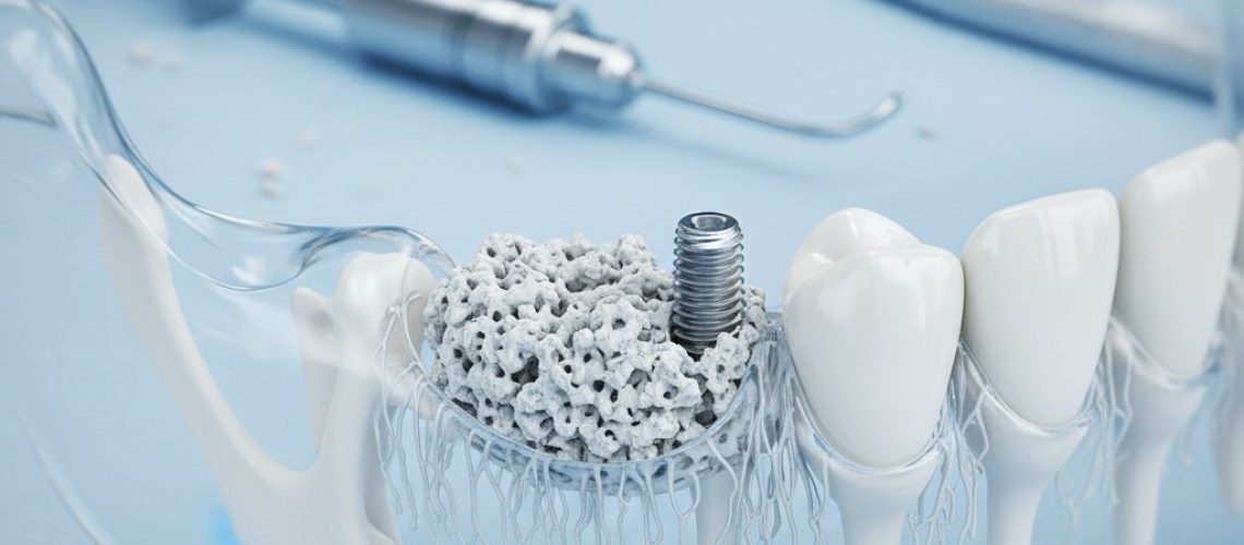 Close-up of jawbone with dental implant site. Bone graft in progress. Surgical tools blurred behind. Blue/white tones, soft lighting.