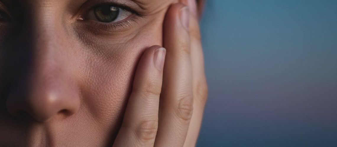 Person's face, hand to cheek, conveying discomfort. Soft blues and purples suggest evening. Subtle lighting highlights skin texture.