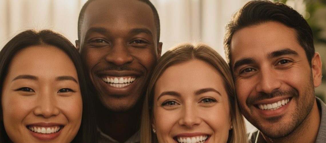 Diverse group smiles, showcasing natural dental implants. Modern dental office background, soft light. Positive and confident.
