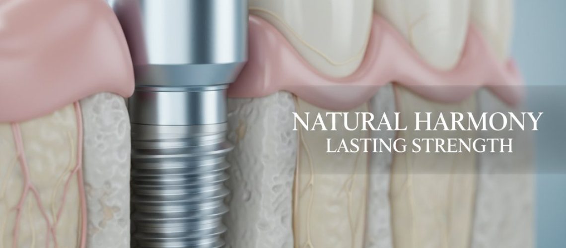 Dental implant seamlessly integrated with jawbone. Titanium contrasts with healthy gum tissue in cool tones with subtle warmth.