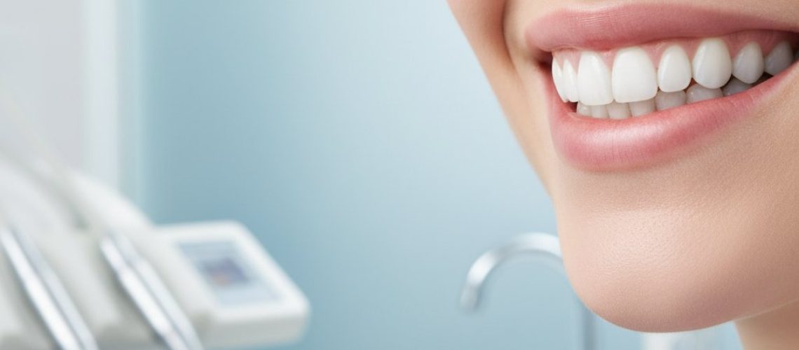Smiling mouth close-up. Bright, healthy teeth and gums with soft lighting. Blurred background suggests a dental setting.