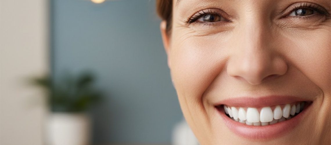 Warmly lit close-up of a mature woman's confident smile, showcasing healthy teeth. Soft focus background suggests a dental office.