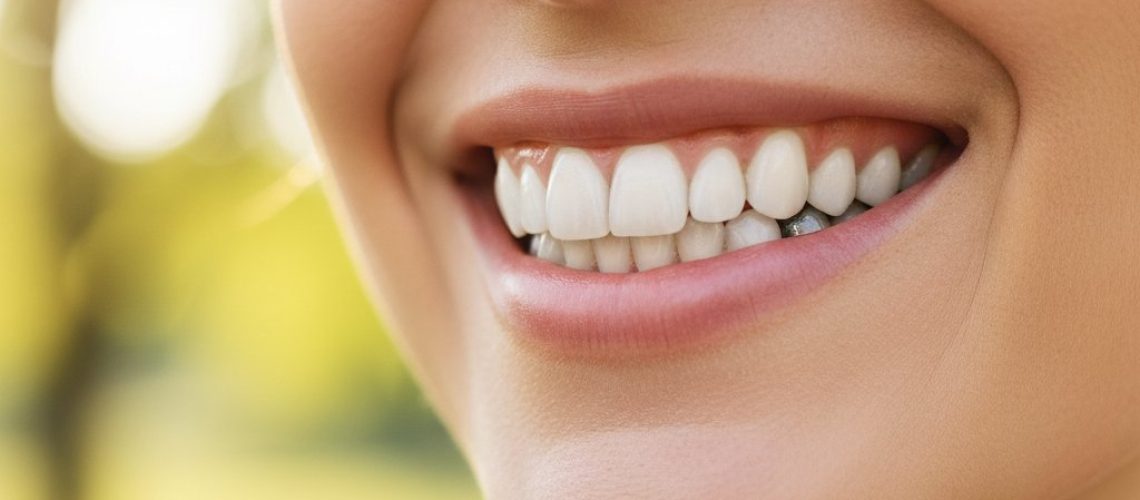 Radiant, healthy smile with gleaming white, aligned dental implants. Soft-focus sunny outdoor background with green foliage.