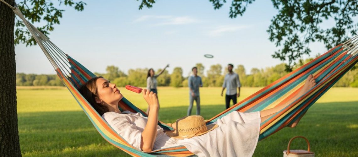 Young adult relaxing in a hammock with a popsicle. Dappled sunlight, green trees, and a summer scene in the soft-focus background.