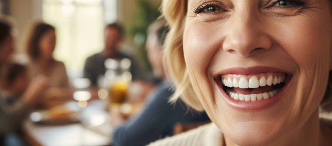 Smiling mature woman with restored teeth, laughing genuinely. Soft, warm light, blurred family background. Joyful, confident.