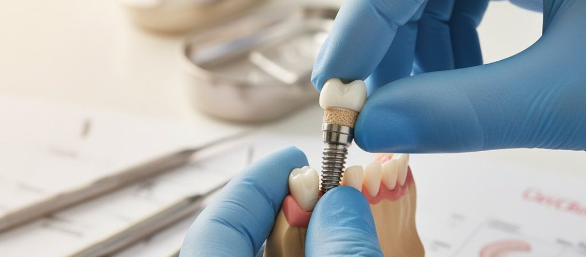 Hands in gloves hold implant model over gumline. Dental instruments blurred in background.