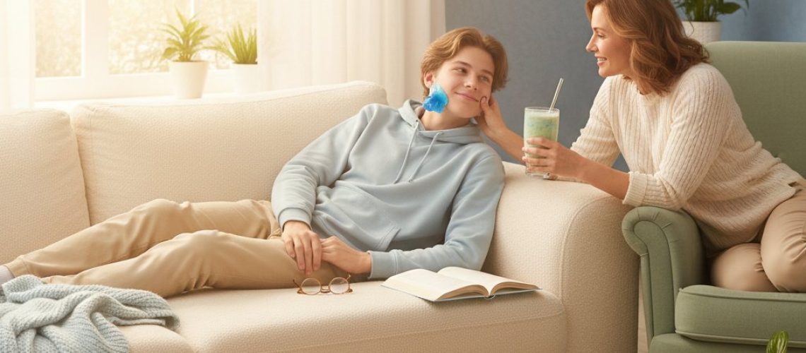 Teenage boy with compress on cheek relaxes on couch. Mother smiles, holding smoothie in pastel living room.