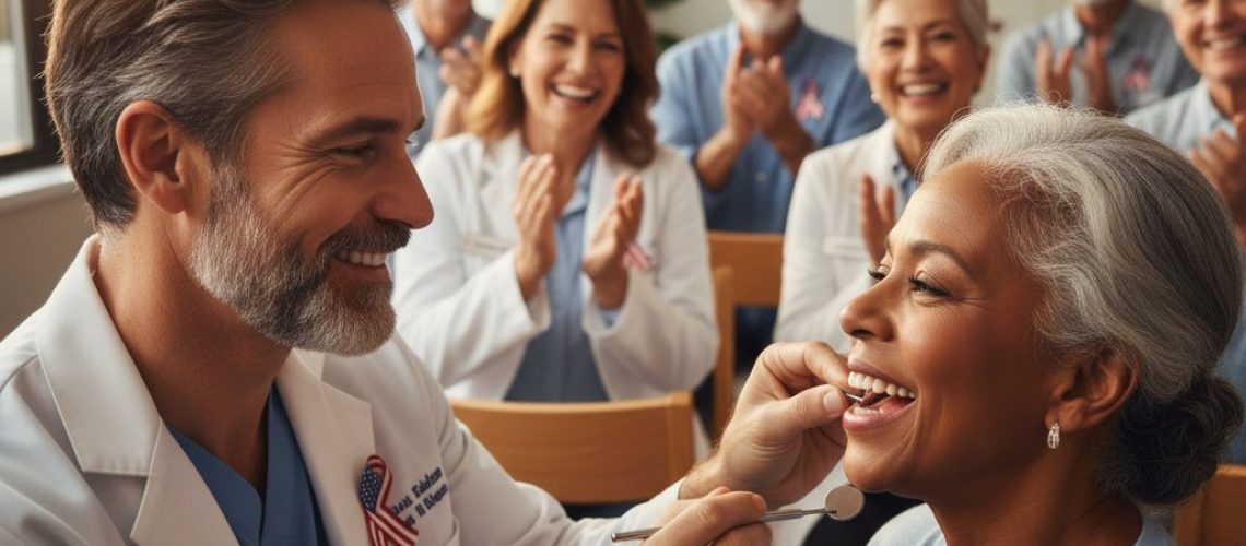 Close-up of Dr. Weinstein examining a senior's mouth at an oral health presentation. Others smile; Amanda assists. All wear flag ribbons.