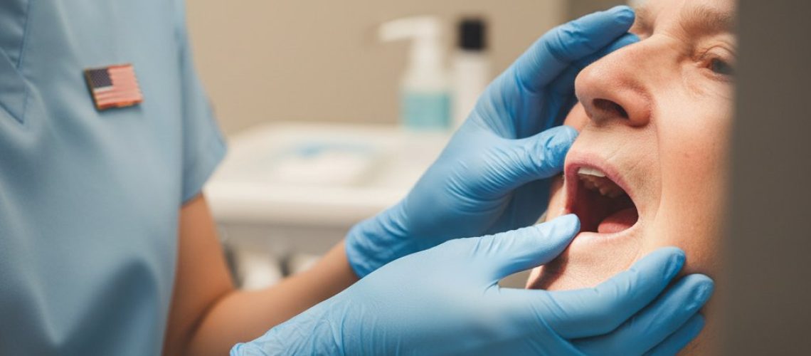 Hands examine an elderly person's mouth during a cancer screening. Soft light, blurred dental office background. American flag pin visible.
