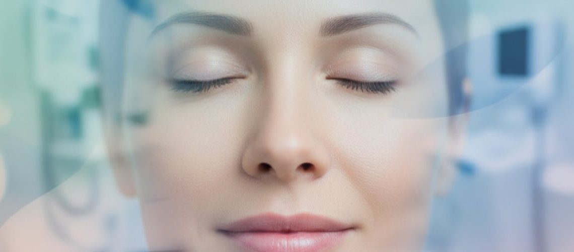 Calm face fades into blurred, cool-toned medical background. Peaceful expression, soft lighting, portrait.