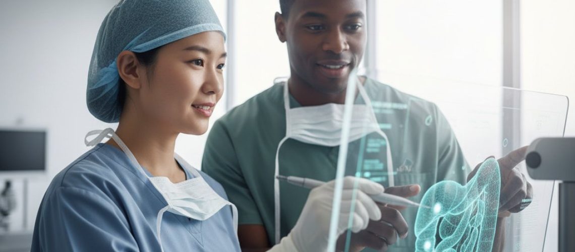 Healthcare team reviews 3D surgical plan in a modern suite. Calming blues, greens, and soft lighting convey expertise and patient care.