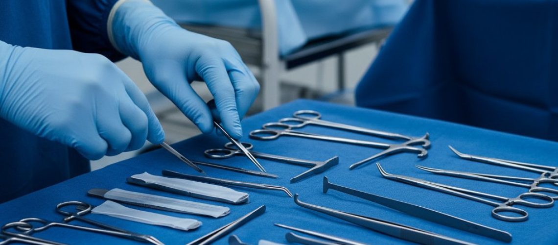 Gloved hands arrange gleaming surgical instruments on a sterile blue drape. Soft lighting emphasizes clean metal.