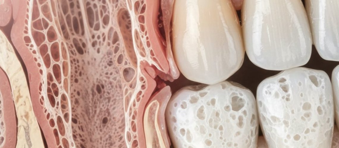 Abstract close-up: healthy pink bone merging with porous, off-white graft. Highlights textures, integration, and organic healing.