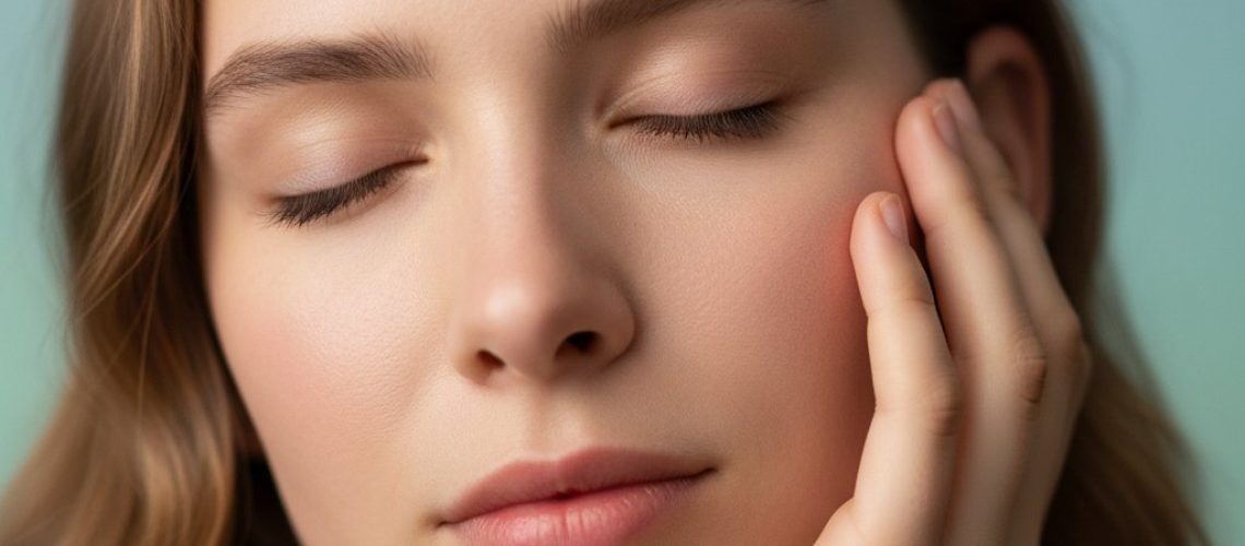 Close-up of a young adult's face with eyes closed, cheek resting on hand. Soft, warm light and blurred blue-green background suggest peace.
