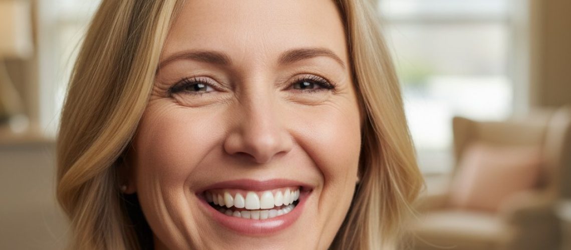 Smiling mature woman (40s-50s) with restored teeth laughs confidently in a warm, softly lit dental office.